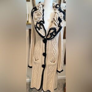 BCBGMaxAzria Cream and Black Long Cardigan Coat. Size Large